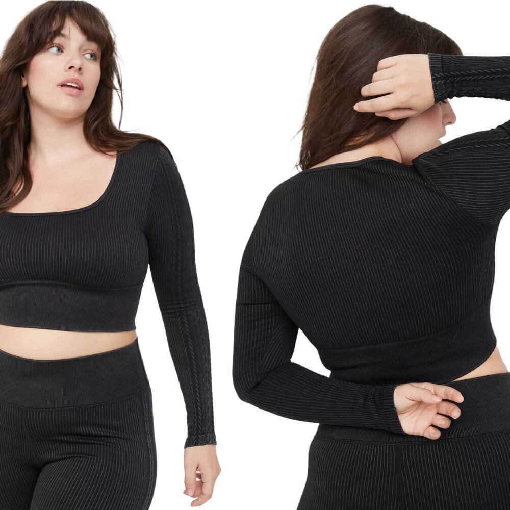 NWT Offline Aerie Seamless Cable Square Neck Long Sleeve T-Shirt XL True Black